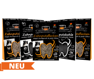 QCHEFS Produktsortiment mit fünf verschiedenen Zahnpflege-Produkten für Hunde: Zahnputzflocken, Zahnputzkohle. Vorne links ist ein oranger Banner mit der weißen Aufschrift „NEU“ zu sehen