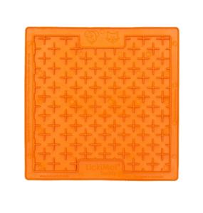 Orangefarbene LickiMat Buddy Schleckmatte mit kreuzförmigen Vertiefungen, geeignet für Hunde.