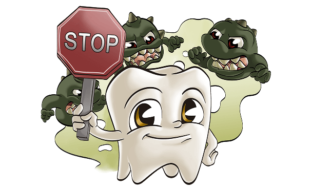 Cartoon-Zahn hält ein Stoppschild und steht selbstbewusst vor bösen, grünen Bakterien, die wütend im Hintergrund sind.