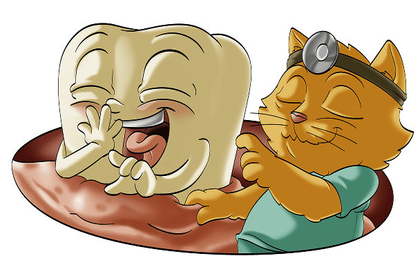 Cartoon-Zahn mit lachendem Gesicht neben einer Katze im Arzt-Outfit mit Stirnspiegel, beide scheinen fröhlich und entspannt.