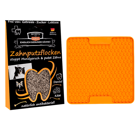 QCHEFS Zahnputzflocken für Hunde, natürliche antibakterielle Zahnpflege, stoppt Mundgeruch, putzt Zähne, mit Schleckmatte LickiMat orange