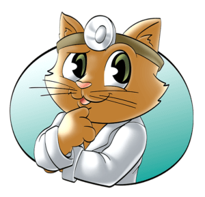 Karikatur einer Katze als Tierärztin mit weißem Kittel und Stirnspiegel, die nachdenklich lächelt.