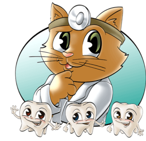 Illustration einer Katze als Tierärztin mit Stethoskop, die nachdenklich schaut und von drei lachenden Cartoon-Zähnen umgeben ist – Symbol für Zahnpflege bei Katzen.
