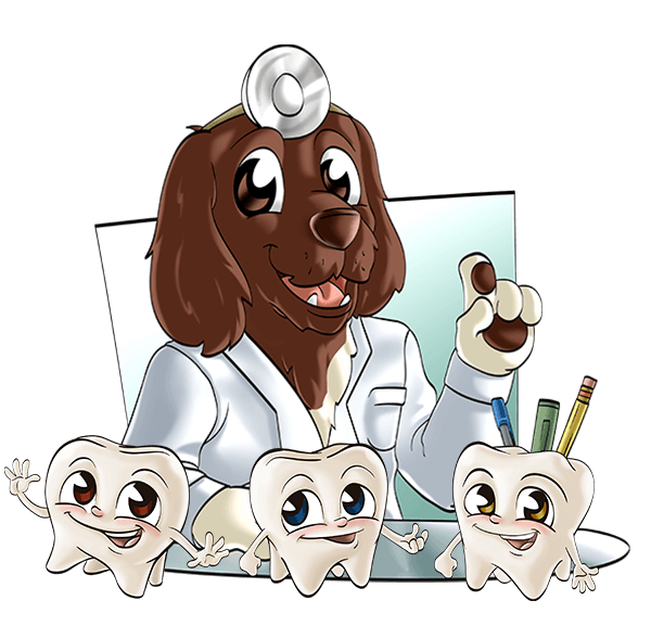 Illustration eines freundlichen Hundes als Tierarzt mit Stethoskop und Kittel, der neben drei fröhlich lächelnden Cartoon-Zähnen steht – Symbol für Zahnpflege bei Hunden