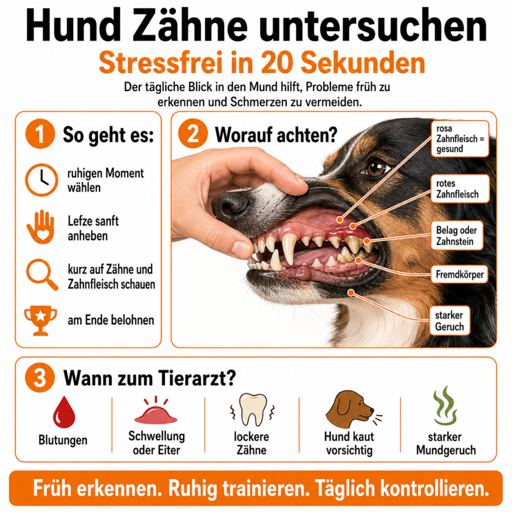 Hundebesitzer hebt vorsichtig die Lefze eines Hundes an und kontrolliert Zähne und Zahnfleisch auf Belag, rotes Zahnfleisch, Fremdkörper und Mundgeruch