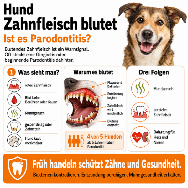 Hund mit entzündetem und blutendem Zahnfleisch durch Gingivitis oder beginnende Parodontitis mit Folgen für Herz und Nieren