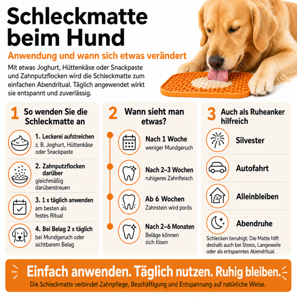 Hund nutzt Schleckmatte mit Zahnputzflocken für tägliche Zahnpflege und Entspannung