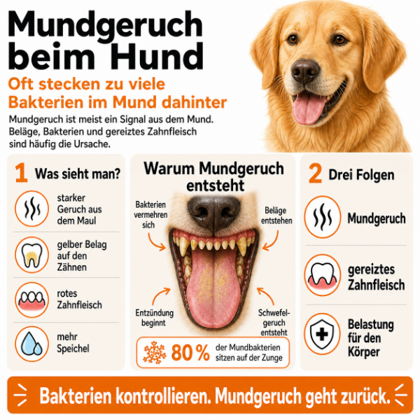 Mundgeruch beim Hund entsteht oft durch Bakterien, Beläge und gereiztes Zahnfleisch
