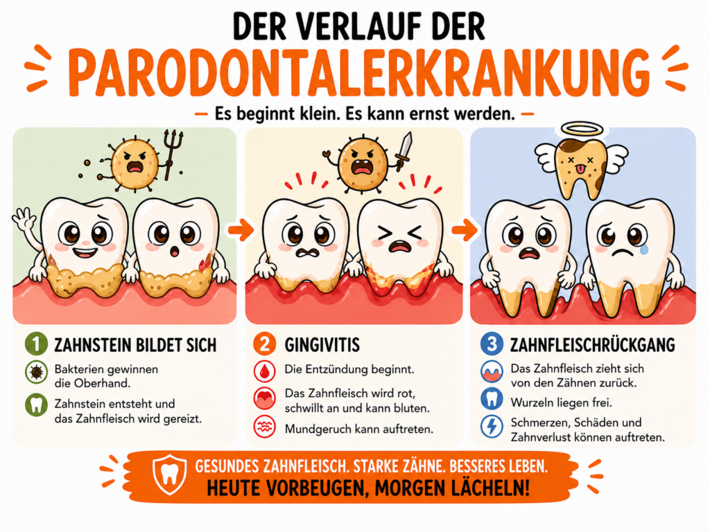 Die Entwicklung von Parodontitis mit Zahnstein, Gingivitis und Zahnfleischrückgang bei Hund und Katze