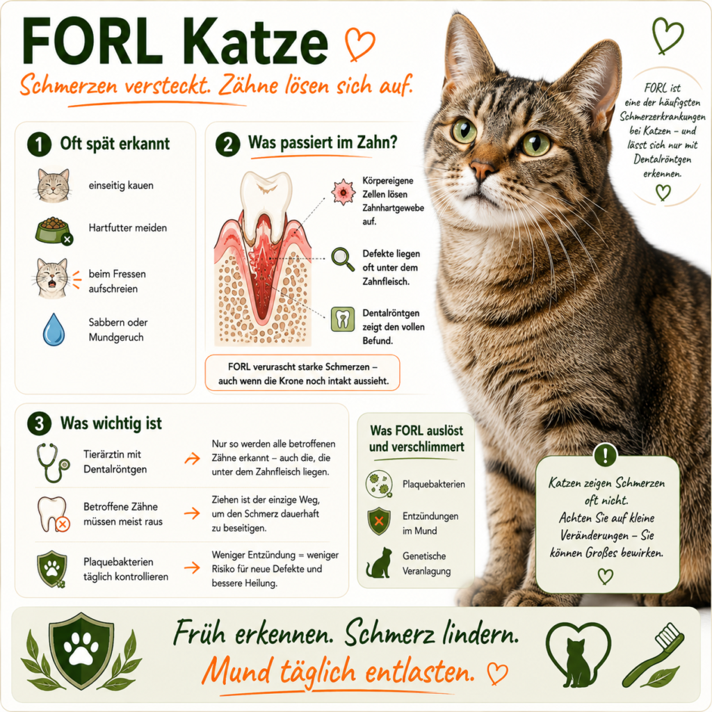FORL bei Katzen: Katzen verstecken Schmerzen oft, typische Hinweise sind einseitiges Kauen, Hartfutter meiden, Sabbern, Mundgeruch und plötzliches Aufschreien beim Fressen.