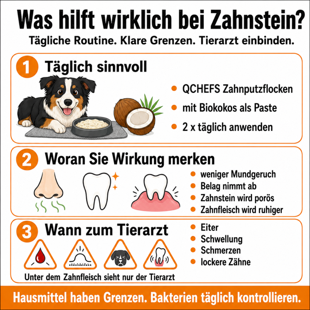 Infografik zu Hausmitteln gegen Zahnstein beim Hund: QCHEFS Zahnputzflocken mit Biokokos täglich anwenden, Wirkung an weniger Mundgeruch, weniger Belag und ruhigerem Zahnfleisch erkennen und bei Eiter, Schwellung, Schmerzen oder lockeren Zähnen zum Tierarzt gehen.