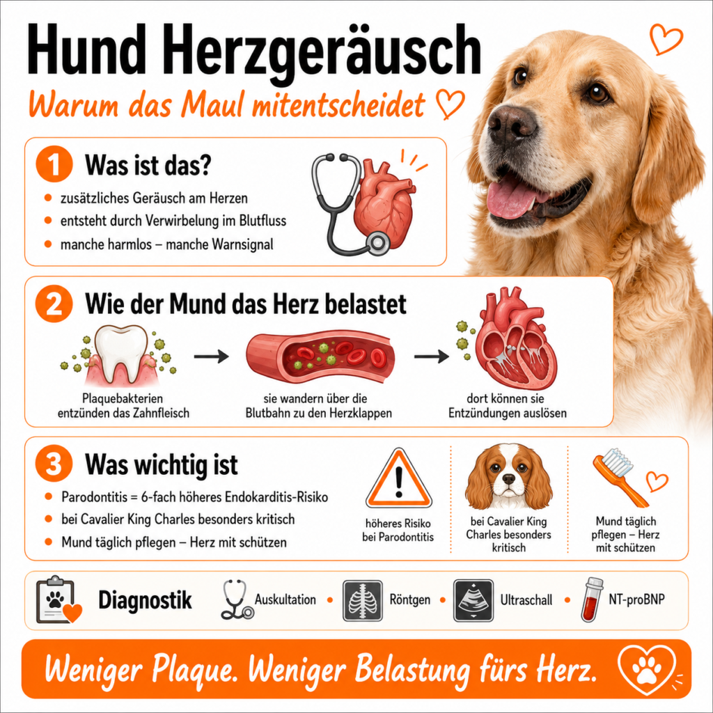 Hund Herzgeräusch: Plaquebakterien aus entzündetem Zahnfleisch können über die Blutbahn zu den Herzklappen wandern und das Herz zusätzlich belasten.
