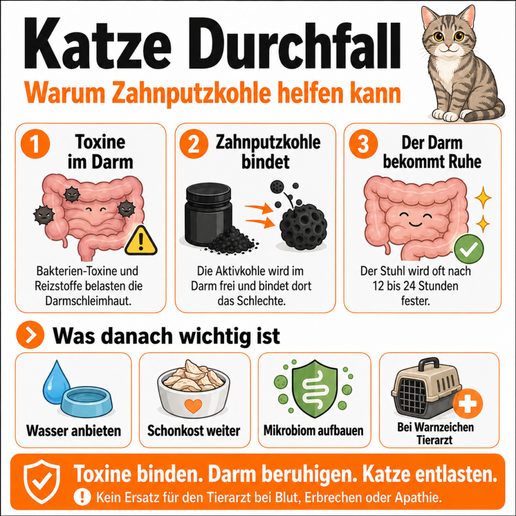 Infografik zur Wirkung von Zahnputzkohle bei Katze Durchfall durch Bindung von Toxinen im Darm