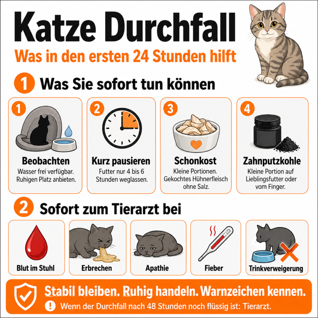 Infografik zu akutem Durchfall bei Katzen mit Sofortmaßnahmen, Schonkost, Wasser und Warnzeichen für den Tierarzt