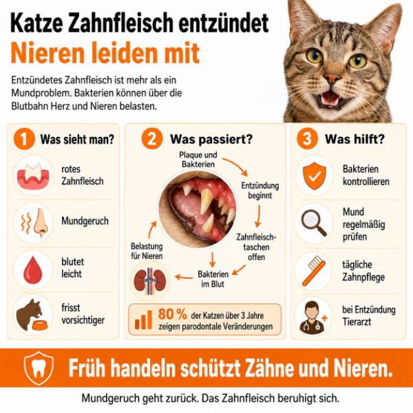 Katze mit entzündetem Zahnfleisch und Mundbakterien, die über die Blutbahn die Nieren belasten können
