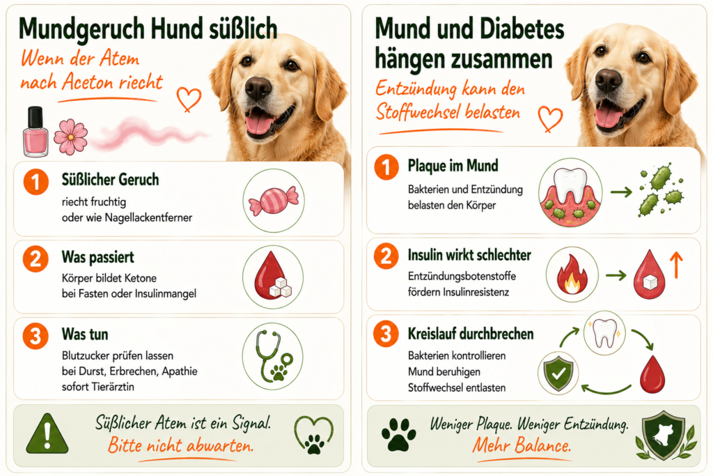 Mundgeruch beim Hund und Diabetes: Süßlicher Atem kann nach Aceton riechen und ein Warnzeichen sein, während Plaque und Entzündungen im Mund den Stoffwechsel belasten können.