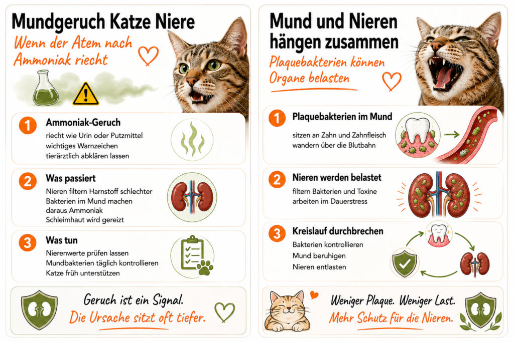Mundgeruch bei Katzen und Nieren: Ammoniak-Geruch kann ein Warnzeichen sein, Plaquebakterien aus dem Mund können über die Blutbahn die Nieren belasten.