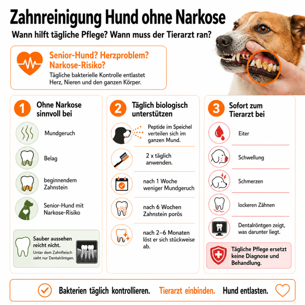 Infografik zur natürlichen Zahnpflege beim Hund: tägliche biologische Pflege hilft bei Mundgeruch, Belag und beginnendem Zahnstein, bei Eiter, Schwellung, Schmerzen oder lockeren Zähnen muss der Hund zum Tierarzt.