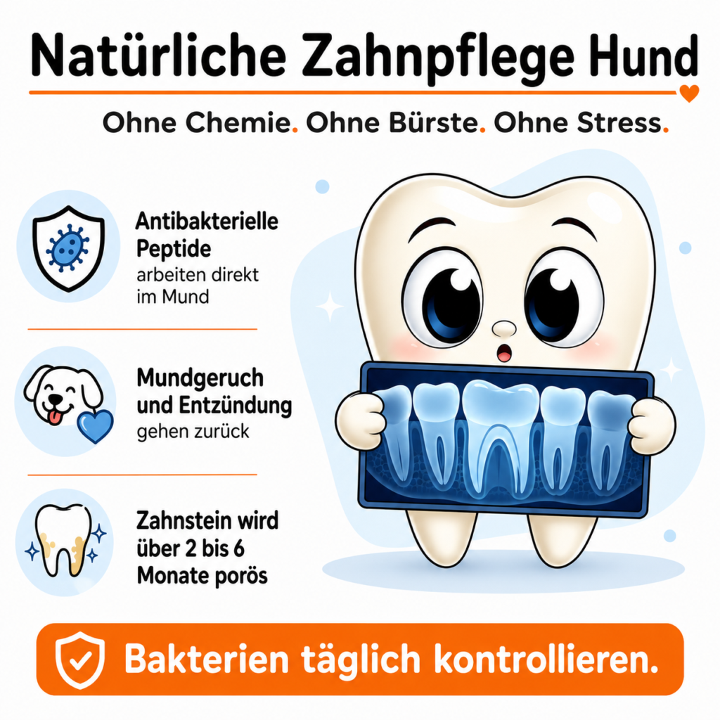 Infografik zur natürlichen Zahnpflege beim Hund: antibakterielle Peptide arbeiten direkt im Mund, Mundgeruch und Entzündung gehen zurück und Zahnstein wird über 2 bis 6 Monate porös.