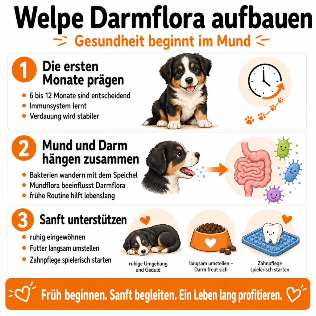 Welpe Darmflora aufbauen beginnt im Mund: Die ersten 6 bis 12 Monate prägen Immunsystem und Verdauung, Mundflora und Darmflora hängen zusammen und frühe Zahnpflege kann sanft unterstützen.