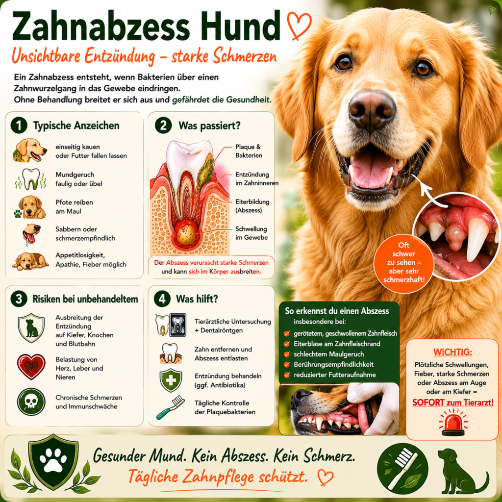 Zahnabszess beim Hund: Typische Anzeichen sind einseitiges Kauen, Mundgeruch, Pfote am Maul, Sabbern, Schwellung am Zahnfleisch und reduzierte Futteraufnahme.