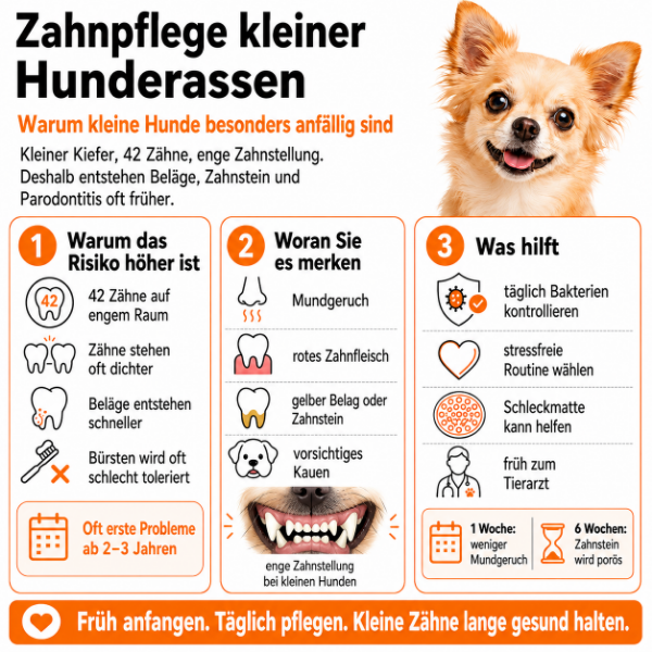 Kleiner Hund mit engem Kiefer und erhöhtem Risiko für Zahnstein und Parodontitis