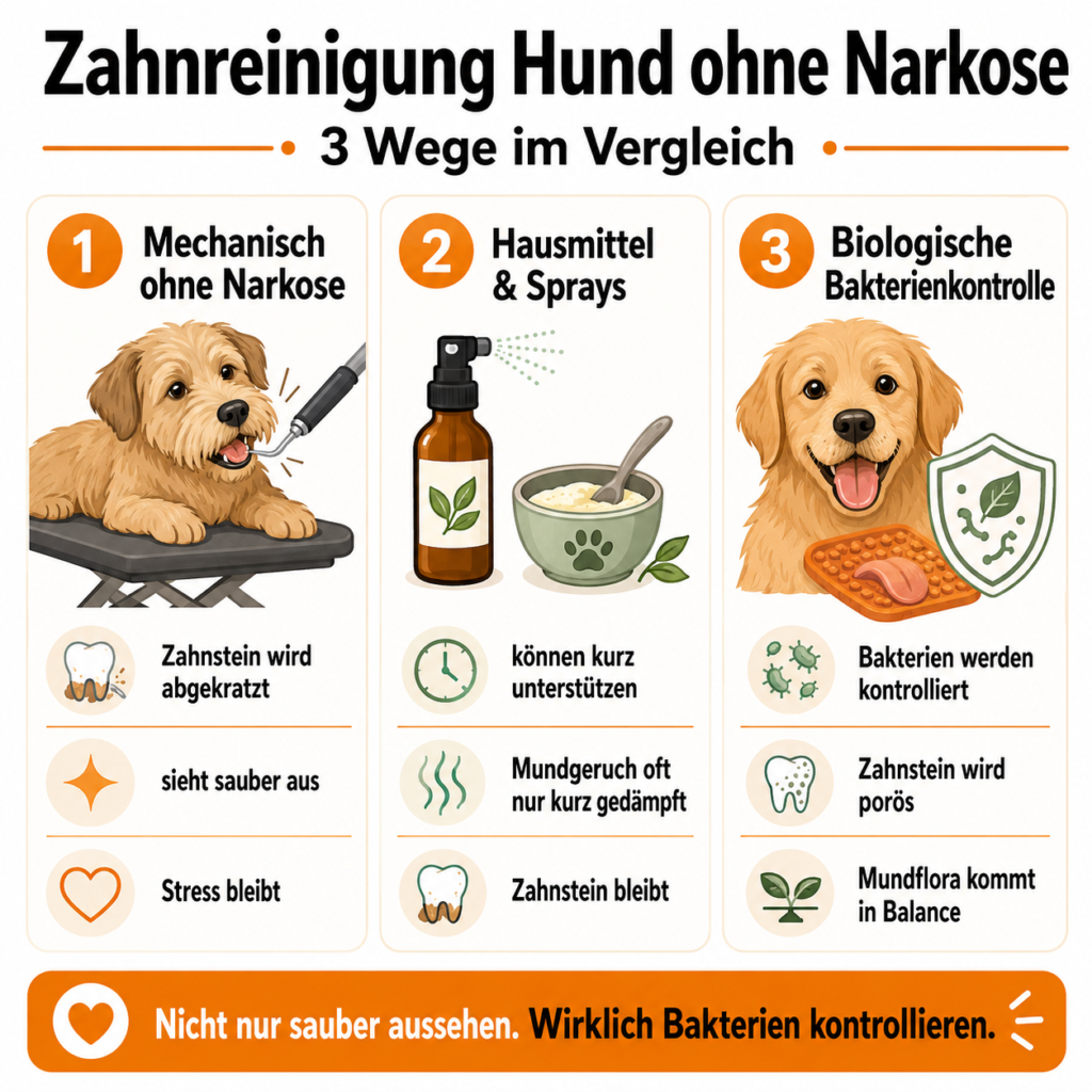 Infografik zur Zahnreinigung beim Hund ohne Narkose mit mechanischer Reinigung, Hausmitteln und biologischer Bakterienkontrolle im Vergleich.