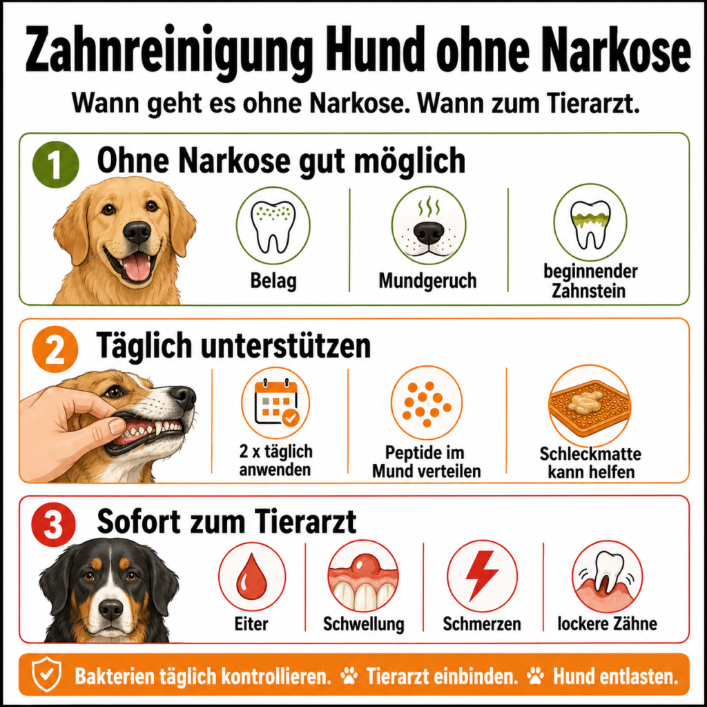 Infografik zur Zahnreinigung beim Hund ohne Narkose: Belag, Mundgeruch und beginnender Zahnstein können täglich unterstützt werden, bei Eiter, Schwellung, Schmerzen oder lockeren Zähnen muss der Hund zum Tierarzt.