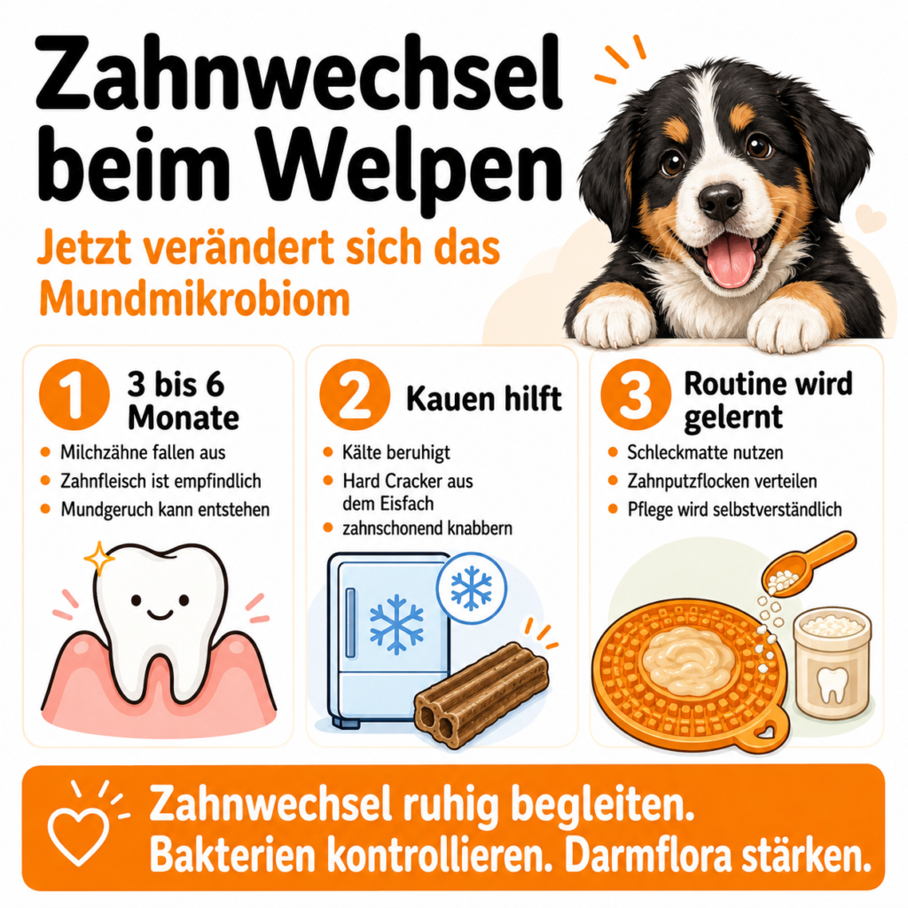 Zahnwechsel beim Welpen ruhig begleiten: Zwischen 3 und 6 Monaten fallen die Milchzähne aus, das Zahnfleisch ist empfindlich und sanftes Kauen kann die Zahnpflege-Routine unterstützen.
