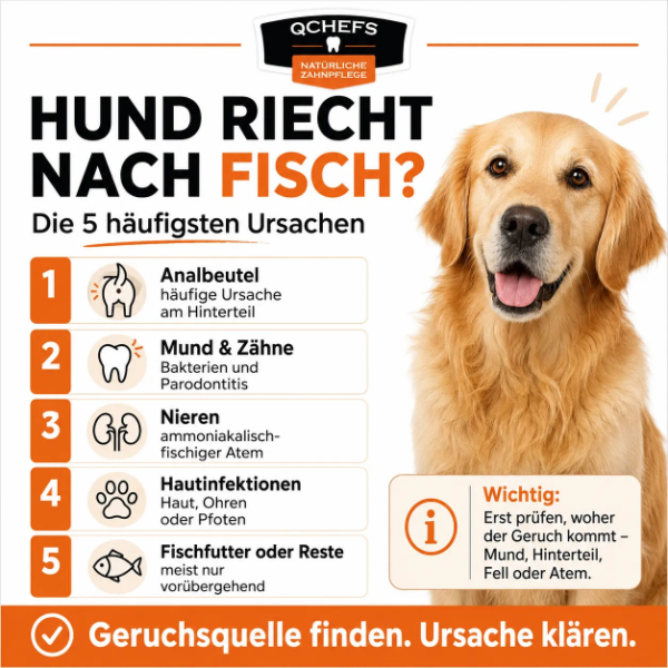 Hund mit fischigem Geruch und möglichen Ursachen wie Analbeutel, Mund und Zähne, Nieren, Hautinfektionen sowie Fischfutter oder Reste
