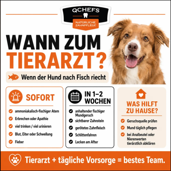 Hund mit fischigem Geruch und Warnzeichen für den Tierarzt wie ammoniakalisch-fischiger Atem, Erbrechen, Apathie, viel Trinken, viel Urinieren, Blut, Eiter, Schwellung, Zahnstein und gerötetes Zahnfleisch