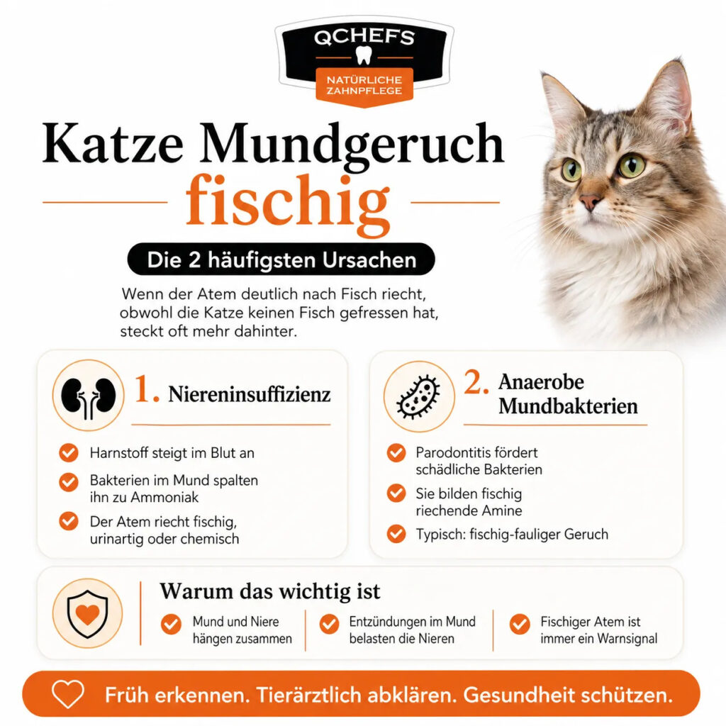Katze mit fischigem Mundgeruch und den zwei häufigsten Ursachen Niereninsuffizienz und anaerobe Mundbakterien, mit Hinweis auf Zusammenhang von Mund und Niere