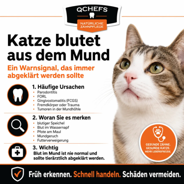 Katze mit Blut am Mund und möglichen Ursachen wie Parodontitis, FORL, Gingivostomatitis, Fremdkörper, Trauma und Tumoren in der Mundhöhle
