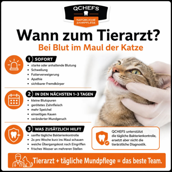Katze mit Blut im Mund und Warnzeichen für den Tierarzt wie starke Blutung, Schwellung, Futterverweigerung, Apathie, Fremdkörper, gerötetes Zahnfleisch und veränderter Mundgeruch