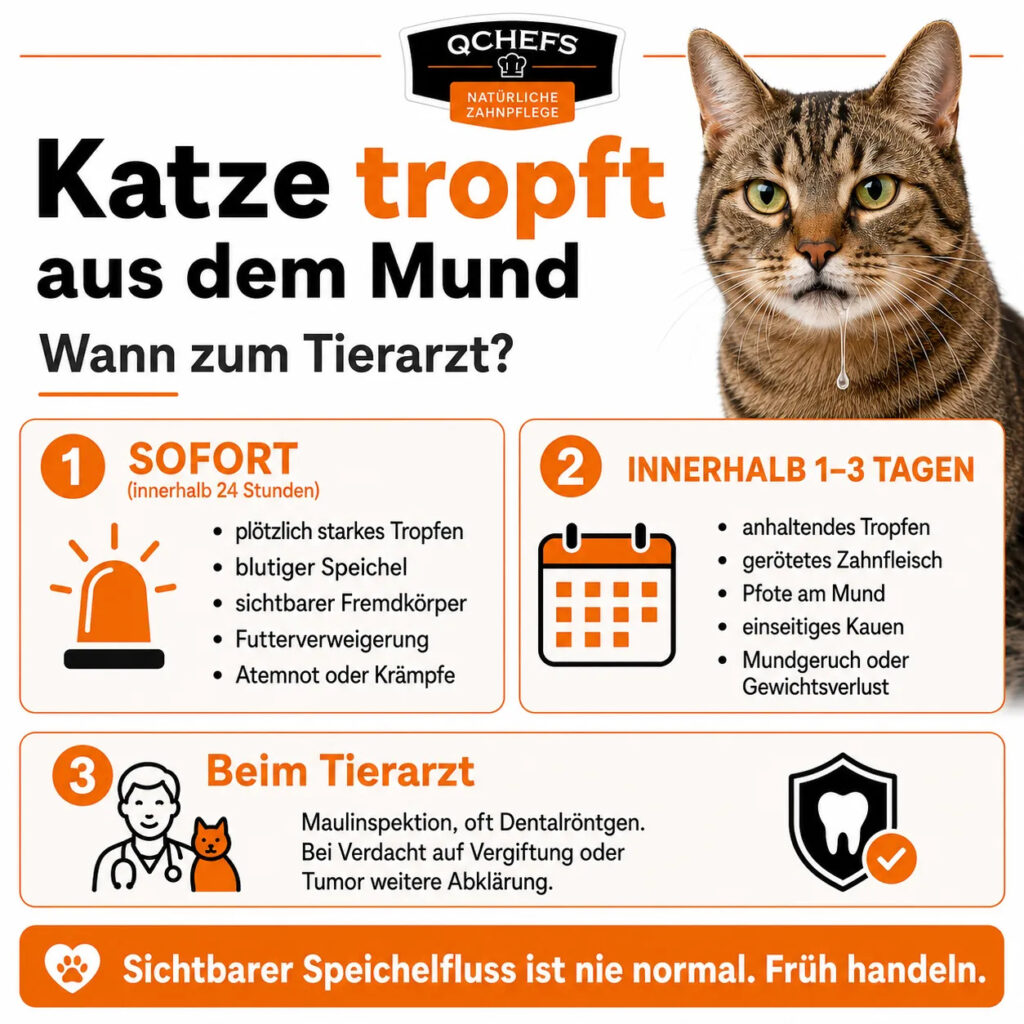 Katze mit sichtbarem Speichelfluss und Warnzeichen wie starkes Tropfen, blutiger Speichel, Fremdkörper, Futterverweigerung, Atemnot, gerötetes Zahnfleisch und Dentalröntgen beim Tierarzt