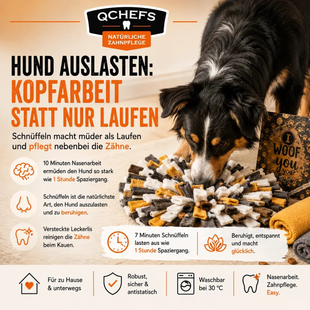 Hund sucht QCHEFS Zahnpflegesnacks in einem Schnüffelrasen und wird durch Nasenarbeit ausgelastet