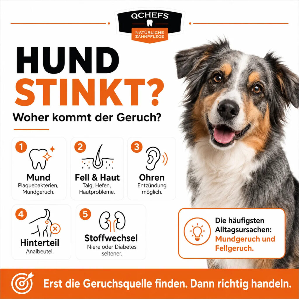 Mögliche Geruchsquellen beim Hund: Mund, Fell, Haut, Ohren, Analbeutel und Stoffwechsel