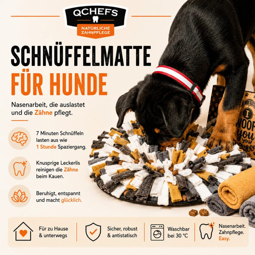 Schwarz-brauner Hund sucht QCHEFS Zahnpflegesnacks in einer Schnüffelmatte